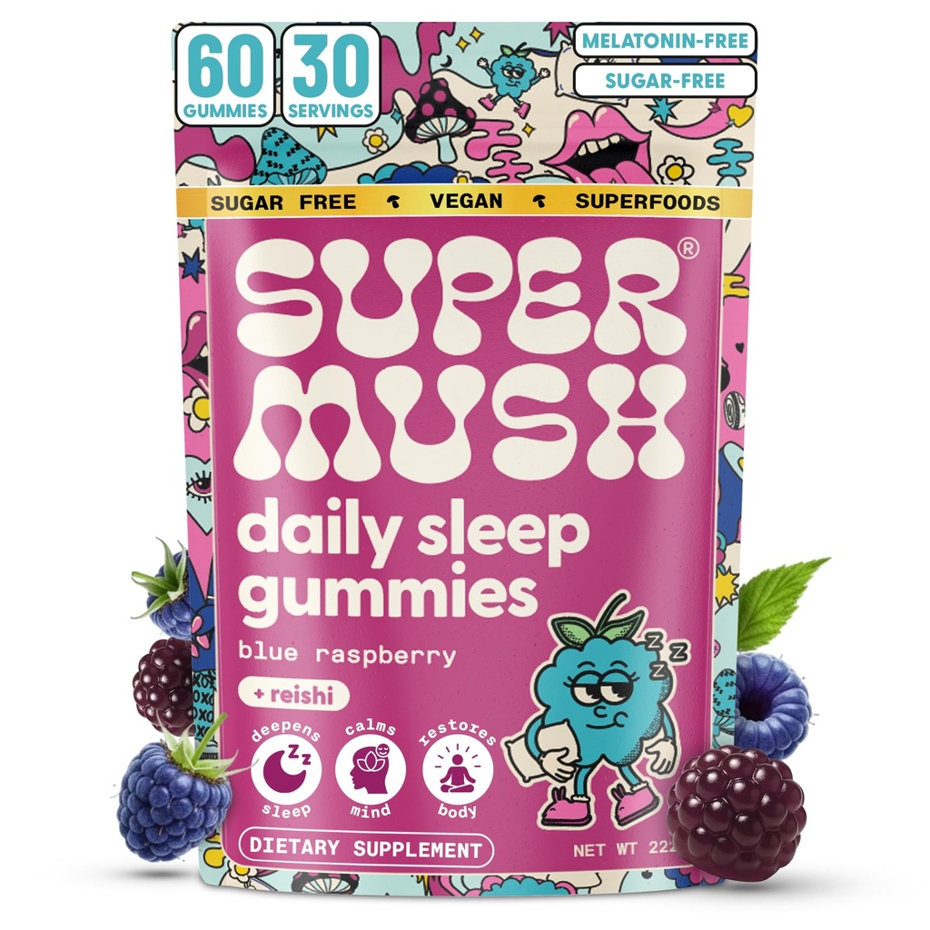 SuperMush Sleep Gummies per Adulti - Integratore di funghi con Citrato di magnesio, L-teanina, Chaga, Reishi & camomilla per sonno profondo, REM & Detox - Vegan & Sugar-Free - 60 Gummies (30 Serve)