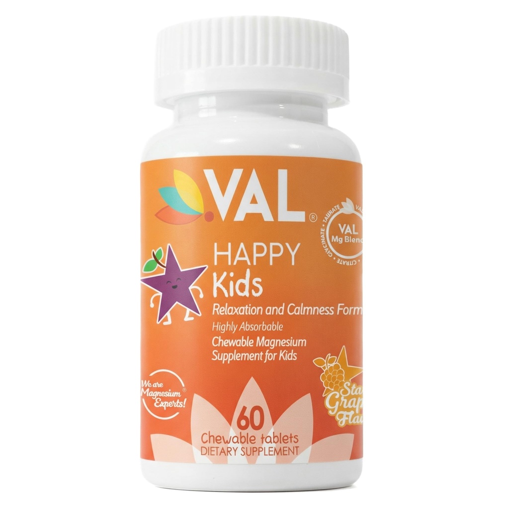 VAL Magnesio per bambini | Magnesio ad alto assorbimento per calma, rilassamento e messa a fuoco | Mg Glycinate, Citrate & Taurate | con vitamina B6, D & C | Zucchero-Free, Non OGM | 60 compresse masticabili