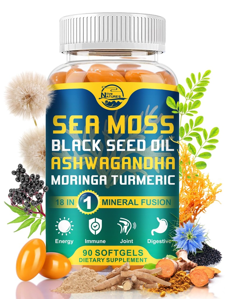 Moss Softgels dal vivo della natura, con l'olio di semi neri, Ashwagandha, Bladderwrack, Ginger, Burdock Root, Manuka Honey, Cinnamon per il sistema immunitario, Pelle, Energia, 90 Softgels, 1 Pack
