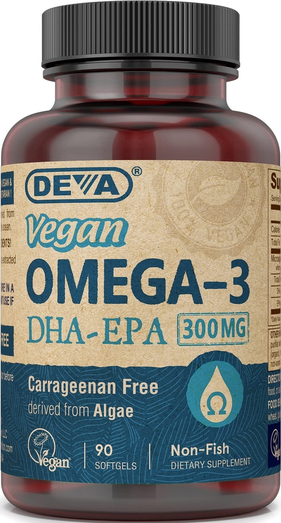 DEVA Vegan Omega-3 DHA-EPA 300MG – Nessun Carrageenan, olio non filtrato derivato da alghe, non OGM, 90 Gelatin-Free Softgels