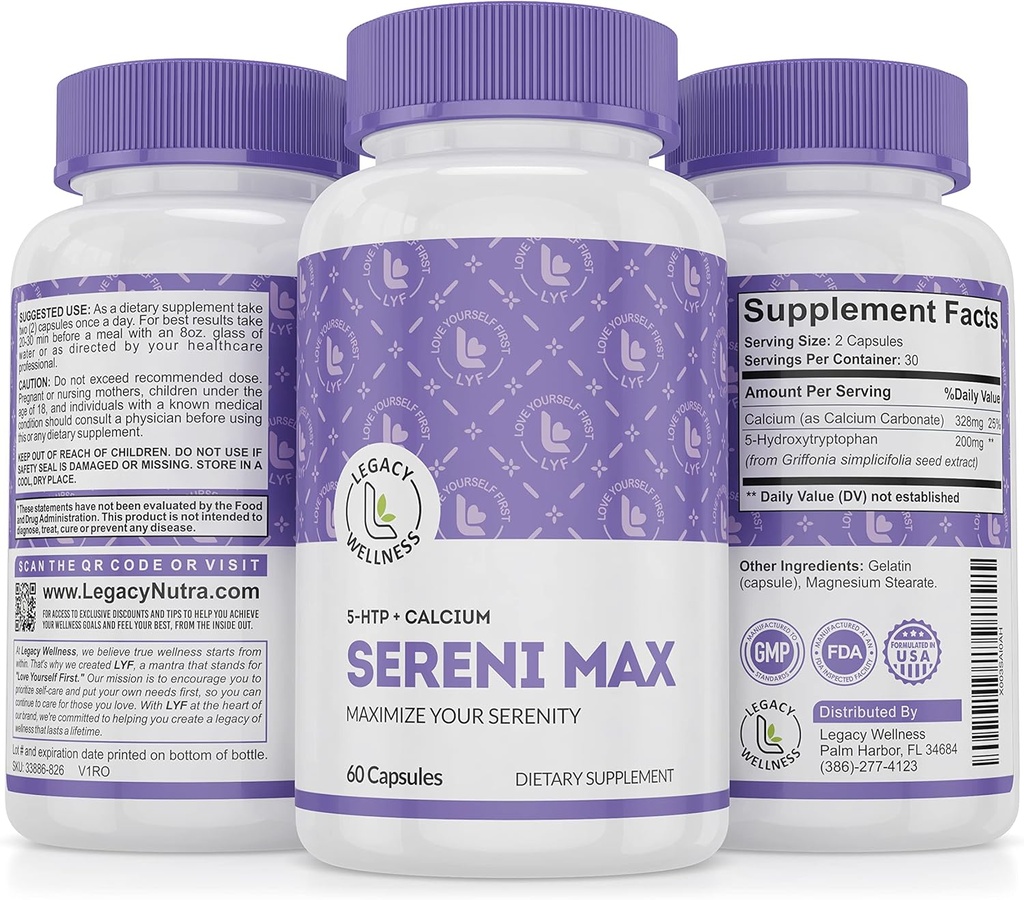 SERINI-MAX - 5-HTP Mood Support Supplemento + Calcio - Supporta lo stato calma e pacifica della mente - Boost Serotonina, 5HTP 200mg per Stress Management & Sleep Support Supplements - 60 Capsule