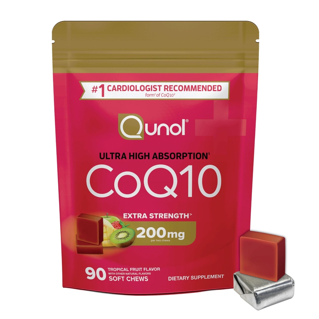 Qunol CoQ10 200mg Soft Chews, Extra Strength & Ultra High Absorption Coenzyme Q10 Supplemento, #1 Cardiologist