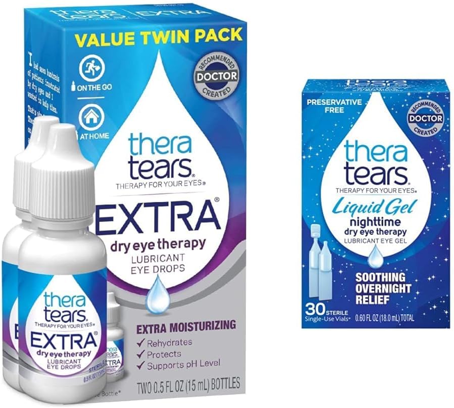 TheraTears Extra Dry Eye Therapy Lubricating Gocce per occhi secchi, fl oz Bottiglia, 2 Conte(Pack of 1) & Liquid Gel Nighttime Lubricating Gocce per occhi secchi, Vial mono-Use, 30 Conte