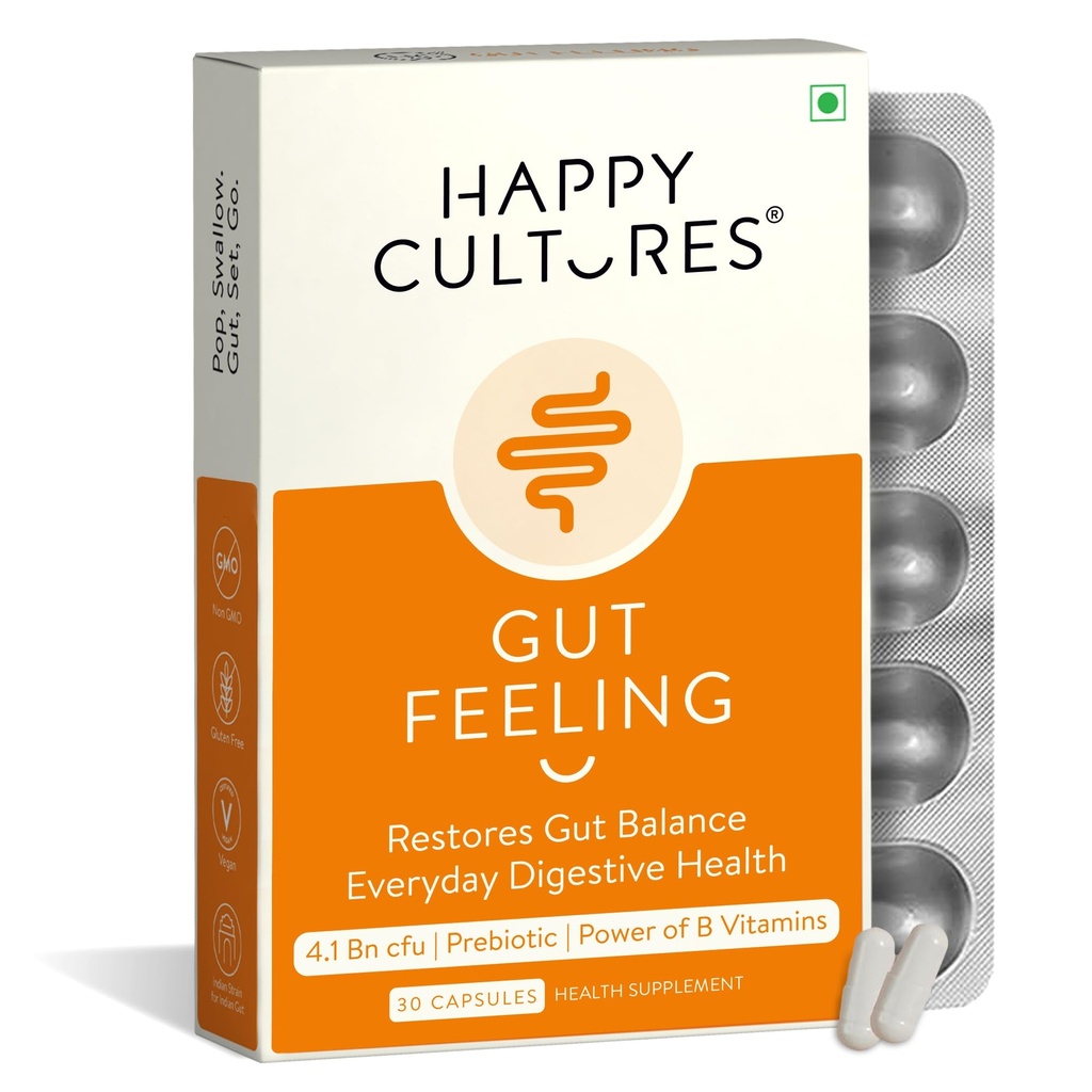 Happy Cultures Gut Feeling Digestion Supplemento Unico Blend of Probiotics for Daily Digestive Health B-Vitamins Gut Health Supplement for Bloating, IBS, Digestion Clinically Tested - 30 Veg Capsules