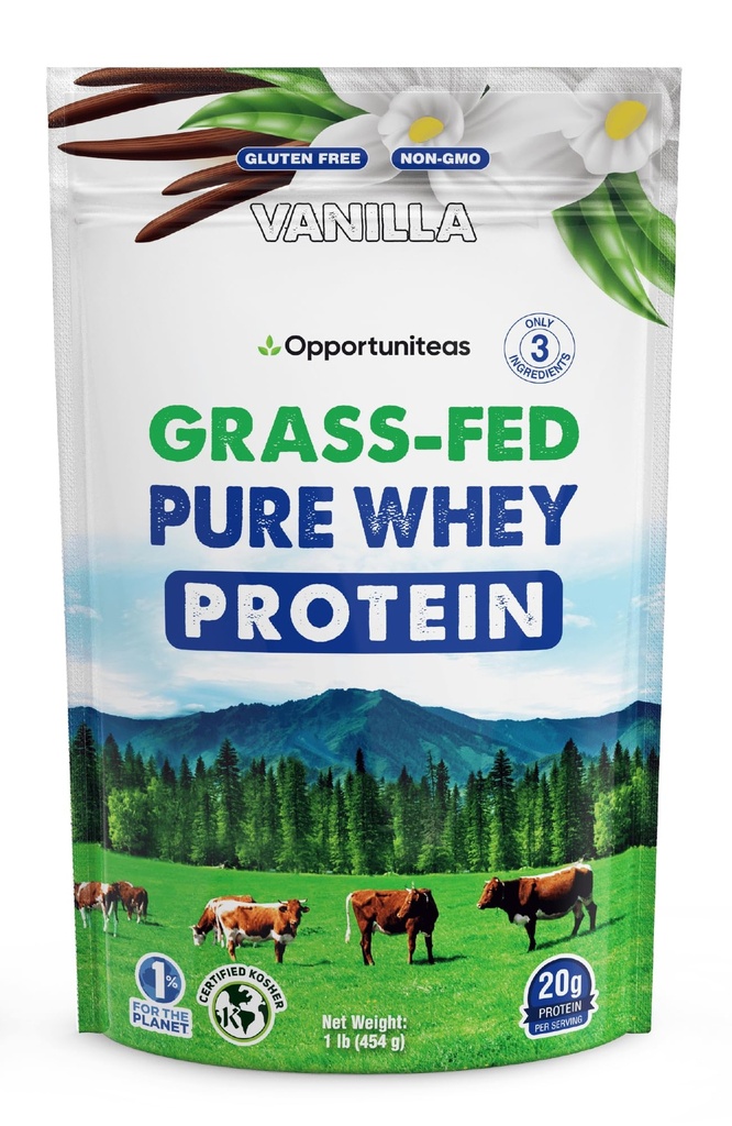 Opportuniteas Grass Fed Whey Protein Powder Concentrate - Vanilla - Pure Protein Supplement - Non OGM, Ormone Free & Gluten Free - 1lb