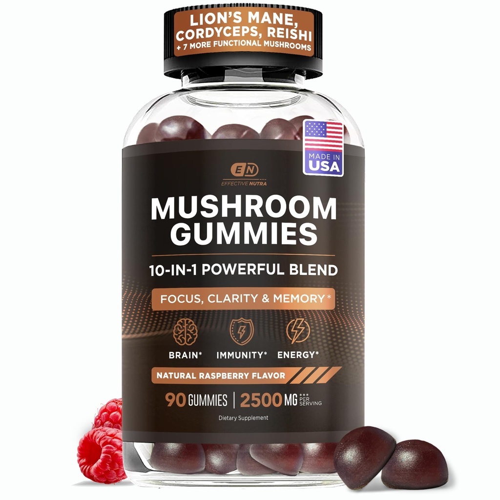 Efficace Nutra Mushroom Gummies 2500mg - 10in1 Lion’s Mane, Reishi, Chaga, Cordyceps & More - Focus, Clarity, Memory, Immunity, Energy - Natural Raspberry Flavor, Vegan, Made in USA (90 Count)