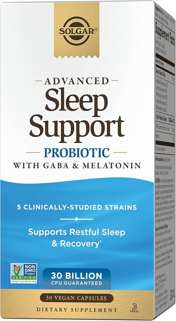 Probiotico avanzato di sostegno del sonno di Solgar con GABA & Melatonin, 30 capsule vegani - 30 miliardi di CFU - 5 Strains clinicamente-Studiati - Supporto per sonno e recupero riposante - Non-GMO & Vegan, 30 Servings