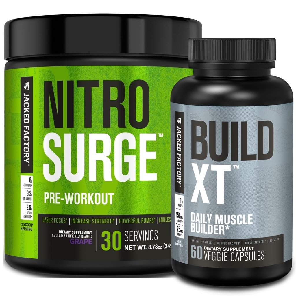 Jacked Factory Nitrosurge Pre-Workout in Grape & Build XT Muscle Building Bundle per uomini e donne