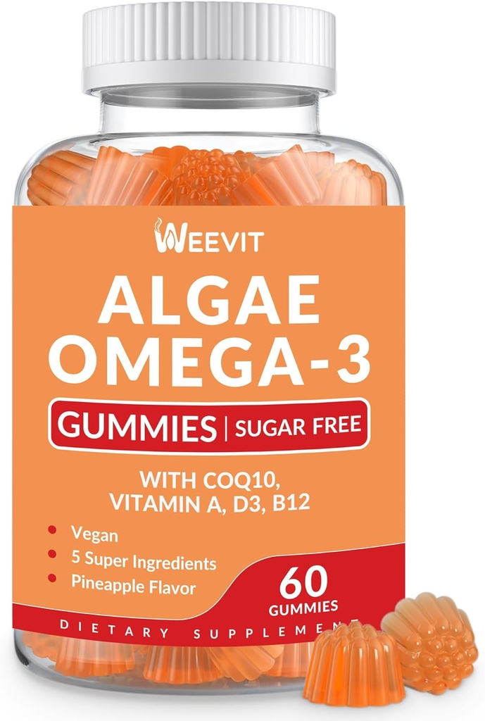 Zucchero Omega 3 Gummies, Algae Omega 3 Supplemento per adulti,Omega 3 DHA 240mg, EPA 110mg w/Vitamin B12,CoQ10