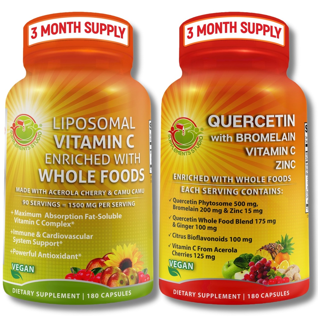 Quercetina con Bromelain, Vitamina C & Zinc + Vitamina Liposomal C 1500mg – Supporto Immune Bundle con Ciliegia Acerola Organica, Camu & Citrus Bioflavanoids – Vegan, Non OGM, Supporto Benessere Pulito