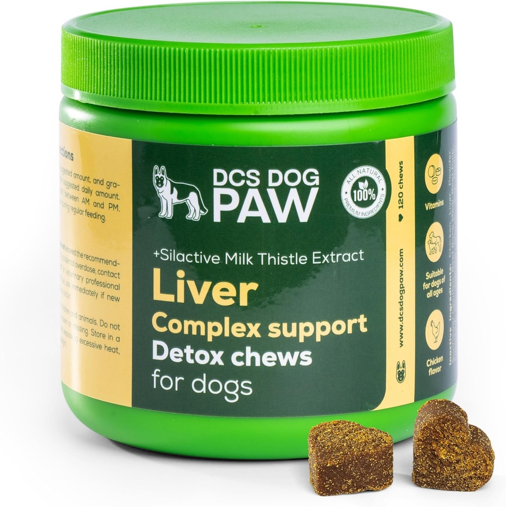 Integratore di fegato e reni Cuciture di disintossicazione del cane, supporto complesso con l'estratto di cardo del latte di alto livello per la salute dei cani, 120 pillole di vitamina aromatizzata del pollo per tutte le razze del cane