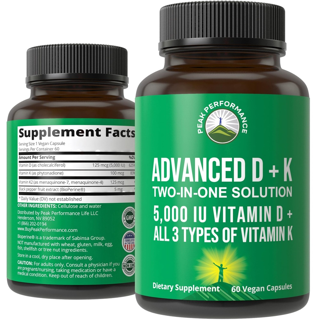 Vitamina D 5000 IU avanzata con tutti i 3 tipi di vitamina K vitamina D3 e vitamina K2, K1, MK-7 (MK7), MK4 Supplemento - 60 Pillole vegetali piccole e facili da ingoiare