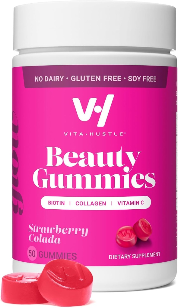 VitaHustle Beauty Gummies, 2500 mcg Biotin, 100 mg Collagen, vitamina C, B-Complex, capelli forti, unghie della pelle, basso zucchero, non OGM, fragola Colada, 50 conte