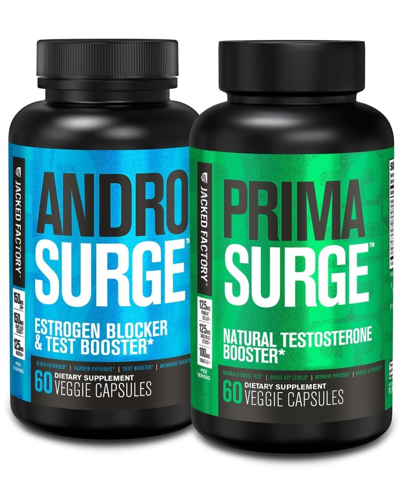 Booster di testosterone di fabbrica Jacked per gli uomini | Blocker di estrogeno con Tongkat Ali - Androsurge Anti-Estrogen + Primasurge Natural Test Booster - per la crescita del muscolo, vitalità, energia, alimentazione di 30 giorni