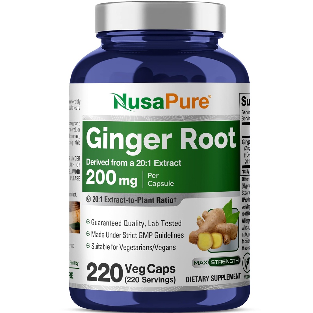 Estratto di radice di zenzero di NusaPure 20:1, 200 mg Equivalente a 4.000 mg per capsule di verdure | 220 Count | Non-OGM