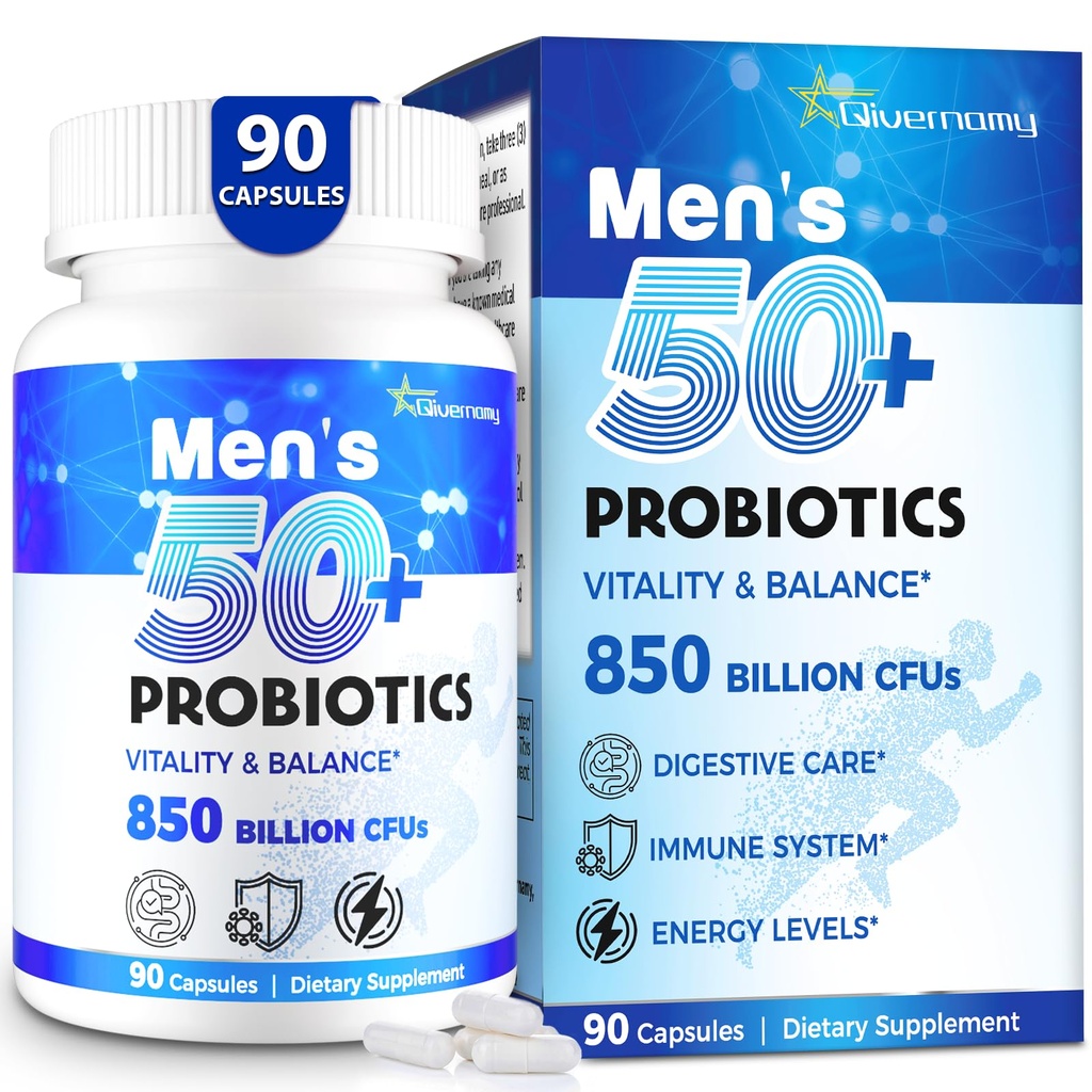 Probiotici per gli uomini, Avanzato 50+ Mens Probiotico, Supporto completo di Gut & Energy con 850 miliardi di CFU, 1800 mg Prebiotici Fiber – Probiotici per il benessere su misura per la salute intestinale oltre 50, 90 Capsule