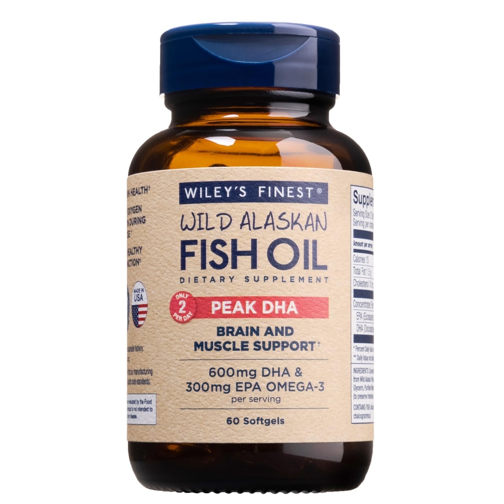 Wiley's Finest Wild Alaskan Fish Oil Peak DHA - 900mg EPA e DHA Omega-3s - 60 Softgels (30 Servings)
