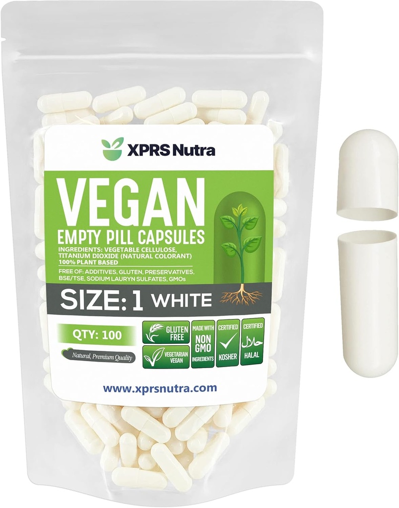 XPRS Nutra Size 1 Capsule Vuote - 100 Conta Empty Vegan Capsule - Pillole Vegetariane - DIY Capsule Vegetali Filling- Veggie Pill Caps per Do-It-Yourself Supplements (White)