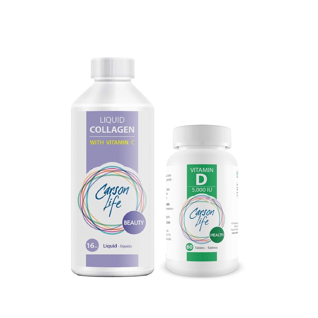 CARSON LIFE - Collage liquido con vitamina C 1 Bottiglia, 16 Oz Bundle con vitamina D Supplemento 1 Bottiglia, 10.000 UI, 60 compresse per muscoli forti, ossa, denti, antiinvecchiamento, pelle e chiodi per capelli