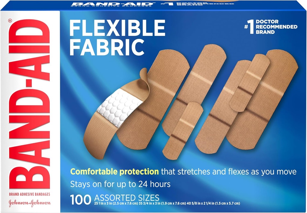 Band-Aid Bandaggi adesivi in tessuto flessibile per la cura dei tessuti & First Aid, Taglie assortite, 100 ct