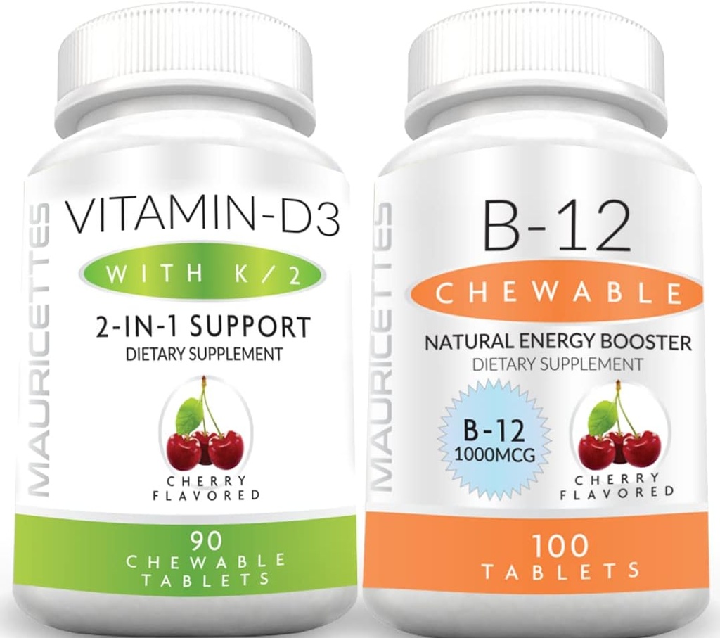 Mauricettes Chewable Vitamin D3 con K2 & Chewable Vitamin B12 1000 mcg Energy and Immune Support Bundle