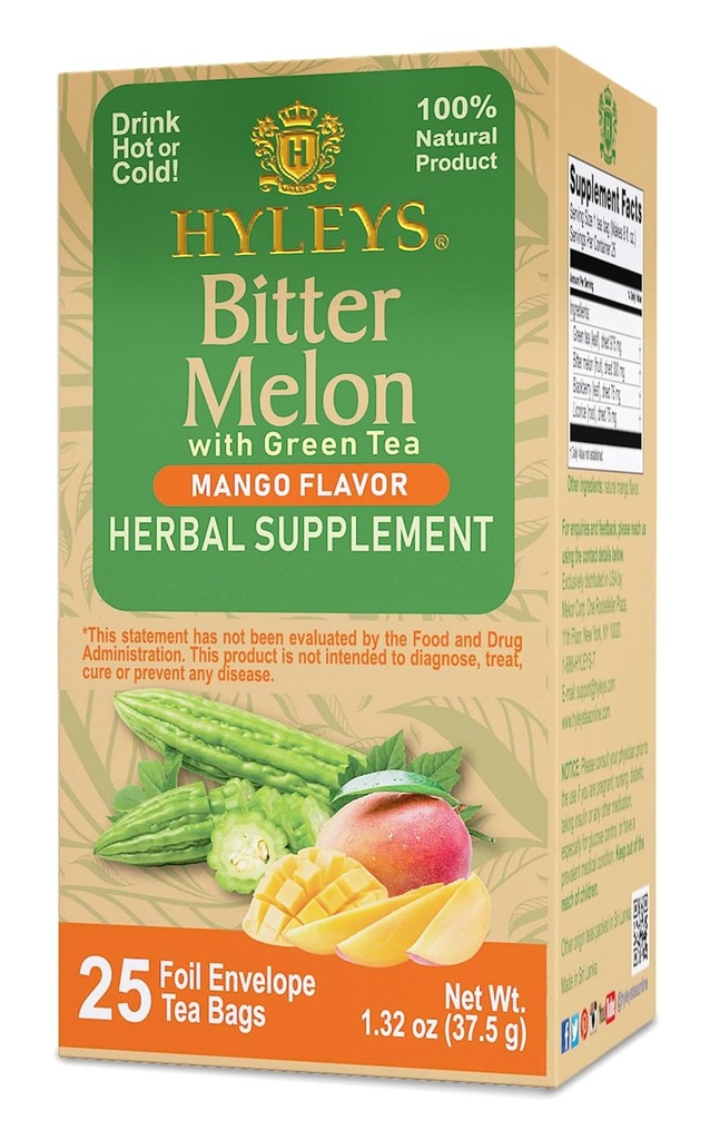 Hyleys Bitter Melon con tè verde - Mango Flavor - 25 sacchetti di tè - Supporta la funzione di fegato sano - Supplemento di erbe - (6 Pack - 150 sacchetti di tè totale)