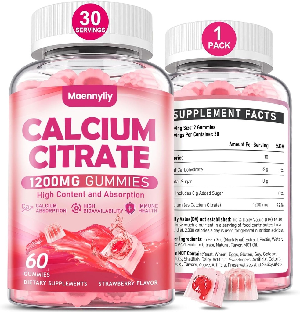 Calcium Citrate Gummies 1200 mg per adulti: Ultimate Absorption Calcium Supplemento per le donne e gli uomini - Facile da digerire, Vegan, Non OGM, Gluten Free - Natural Strawberry Flavor