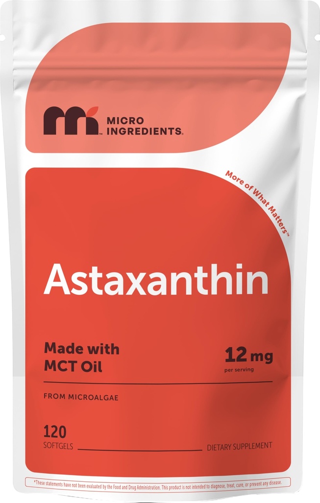 Micro Ingredienti Astaxanthin 12mg con olio MCT, 120 Softgels, 4 mesi di alimentazione | Premium Astaxanthin Antiossidante Supplementi* | Fresco Microalgae Fonte | Tripla resistenza, Non OGM, Gluten Free, No Soy