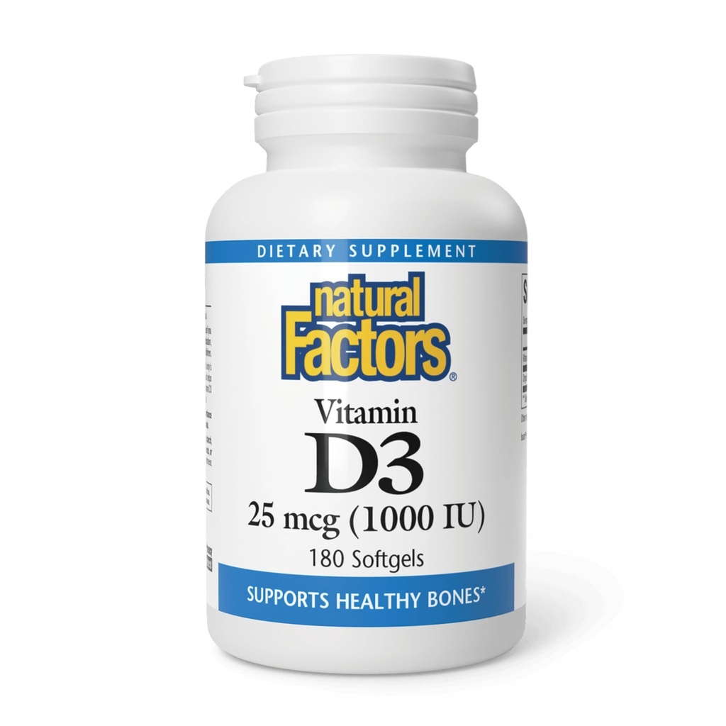 Fattori naturali, Vitamina D3 1000 IU (25 mcg), Supporta ossa forti, muscoli e funzione immunitaria, 180 compresse
