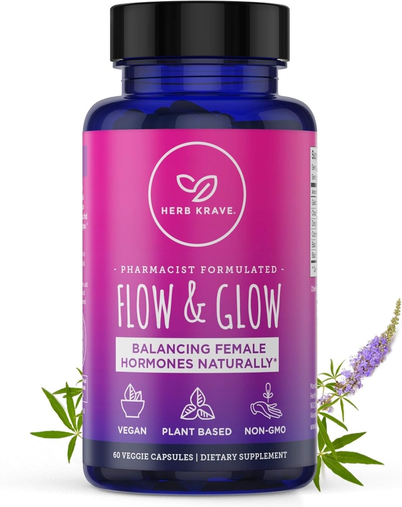 Flusso e Glow Equilibrio di ormone naturale per le donne - PMS & Menopause Rilievo per Cramps, Mood Sweats & Night Sweats con Donq Quai & Black Cohosh per Menopause - 60 Vegan Capsules (1 pacchetto)