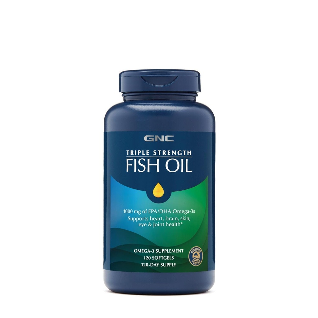 GNC Triple Strength Fish Oil, Twin Pack, 120 Softgels per bottiglia, Supporta il cuore, il cervello, la pelle, l'occhio e la salute congiunta