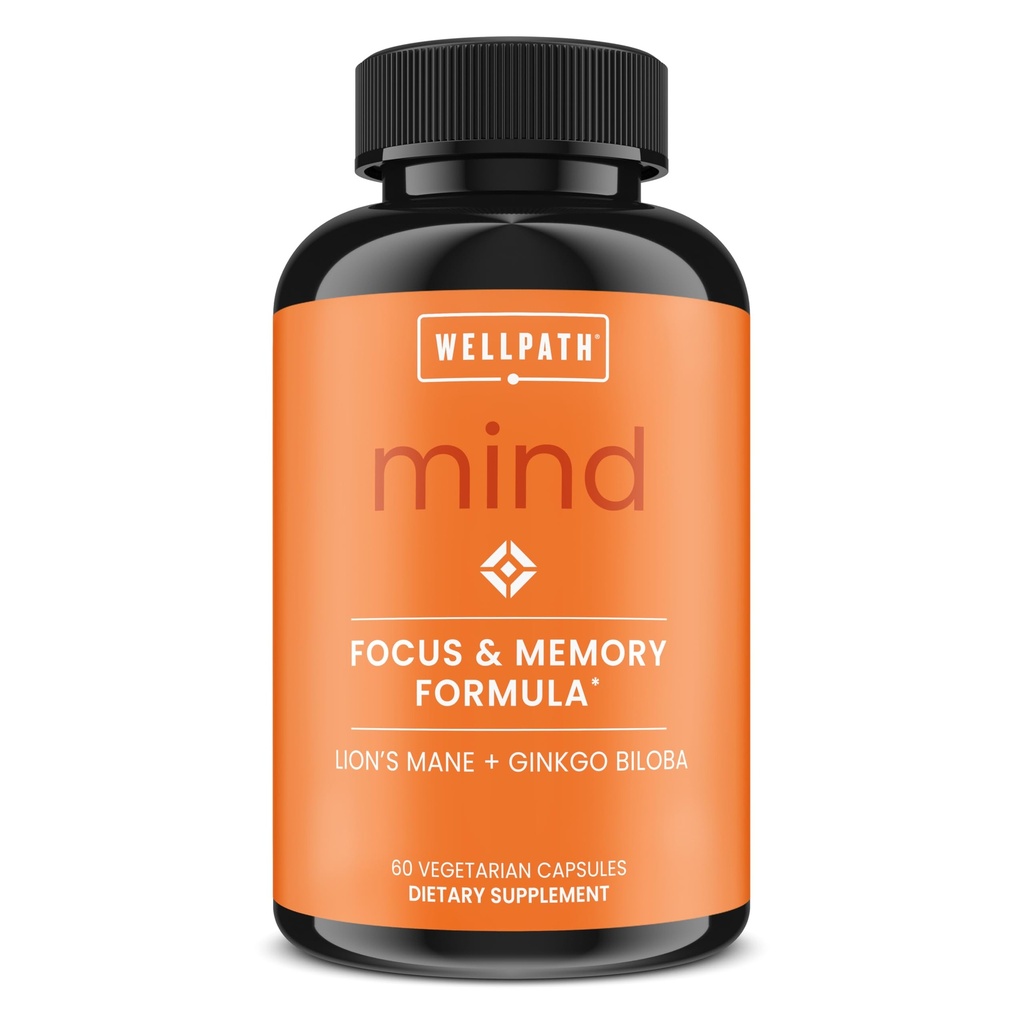 WellPath Mind Brain Supplemento per memoria e messa a fuoco con Lion's Mane | Ginkgo Biloba e L-teanina per il supporto cognitivo a lungo termine | Vegan, Non-GMO, 60 Ct