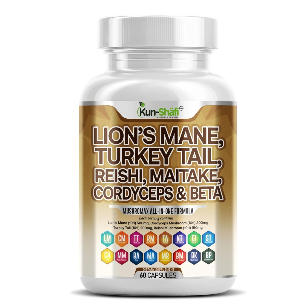 Lions Mane 3000mg 20in1 Mushroom Supplemento con tacchino Tail 2000mg Reishi 1000mg Cordyceps Chaga 1000mg Maitake Meshima Poria Cocos Shiitake Oyster Porcini Enoki 60 Count