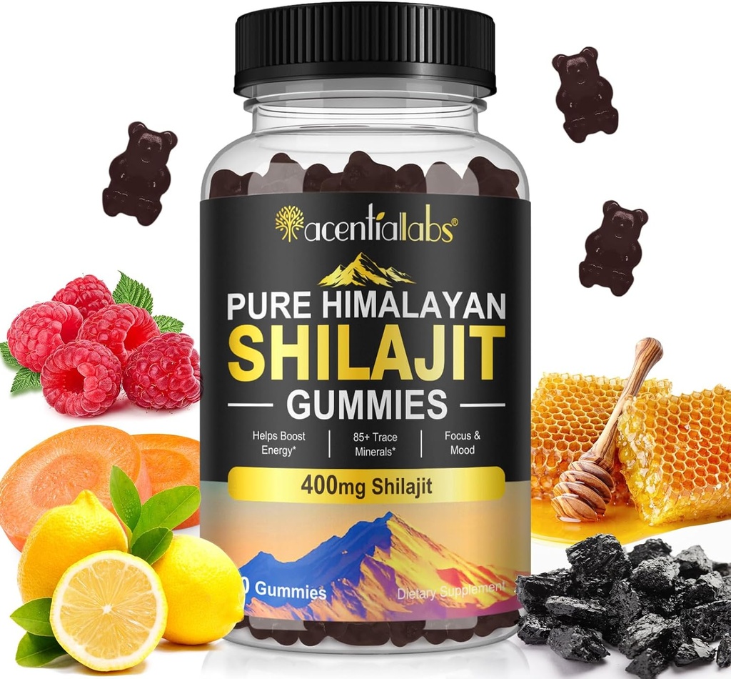 Gummie Shilajit, Gummie Shilajit dell'Himalaya puro con 100% Shilajit, Gummie organiche Shilajit Ricco di acido Fulvic 85+ Minerali Trace Adatto per uomini e donne, Non OGM - 60 Gummy