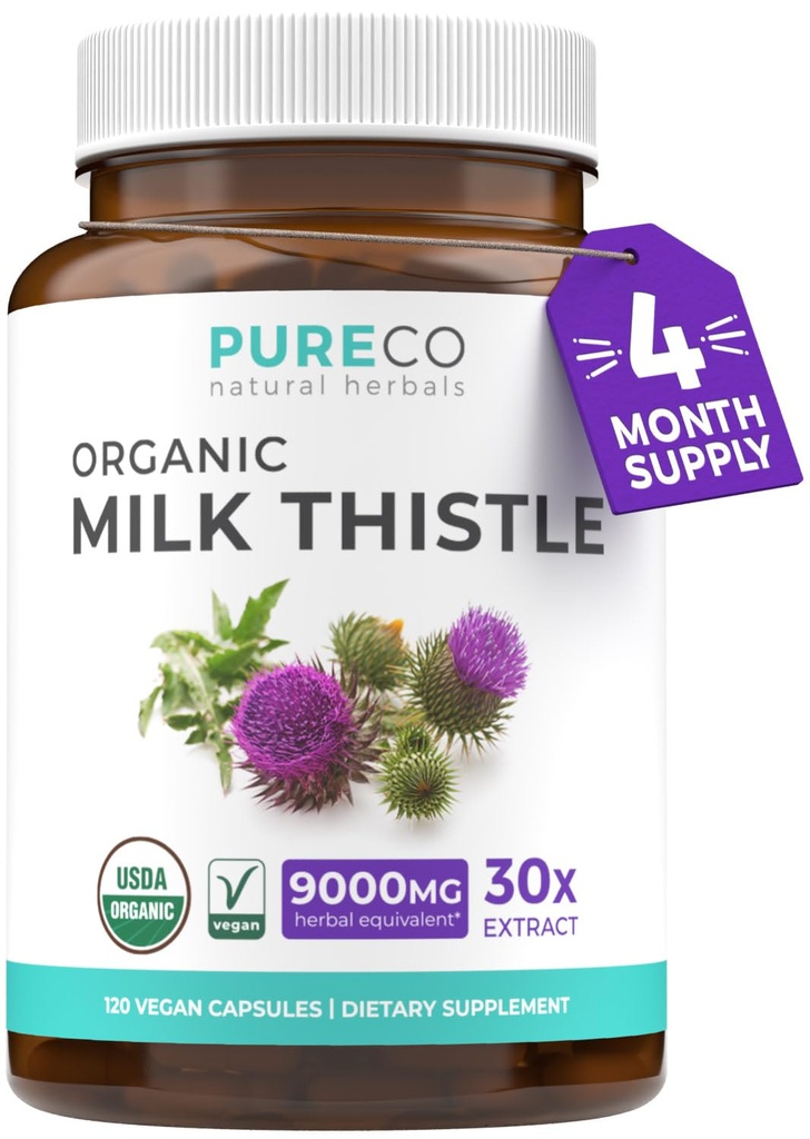PURE CO USDA Organic Milk Thistle Capsule - 80% Silymarin Supplemento per il supporto del fegato- Super concentrato 300mg di 30:1 Estratto di cardo del latte Detox 120 giorni di alimentazione