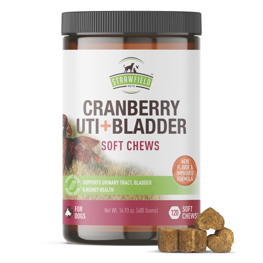 Cranberry Bladder & UTI Chews for Dogs | D-Mannose + Vitamina C per il supporto del tratto urinario | Dog Incontinence & Bladder Control Supplement | Bacon Flavor Soft Chews | 90ct | Strawfield Pets