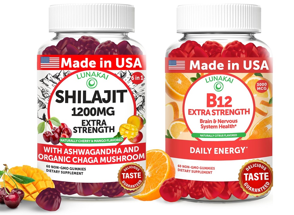 Lunakai USA Made Shilajit & B12 Extra Strength Gummies Bundle – Energy, Focus e Daily Wellness – Vegan & Delicious