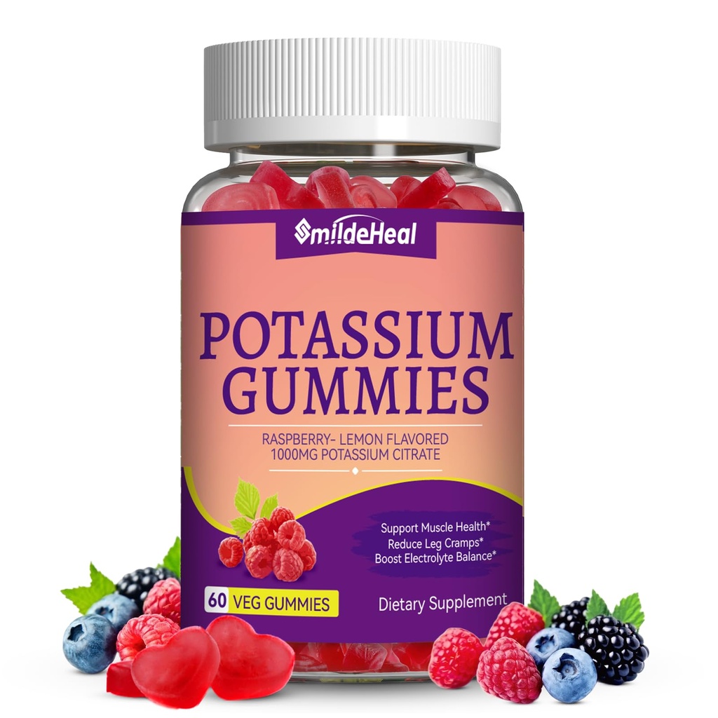 Gummie di potassio, Supplemento 1000mg di potassio per adulti, Crampe di sostegno e salute del muscolo per le donne e gli uomini - senza zucchero,Vegan, 60 Conte