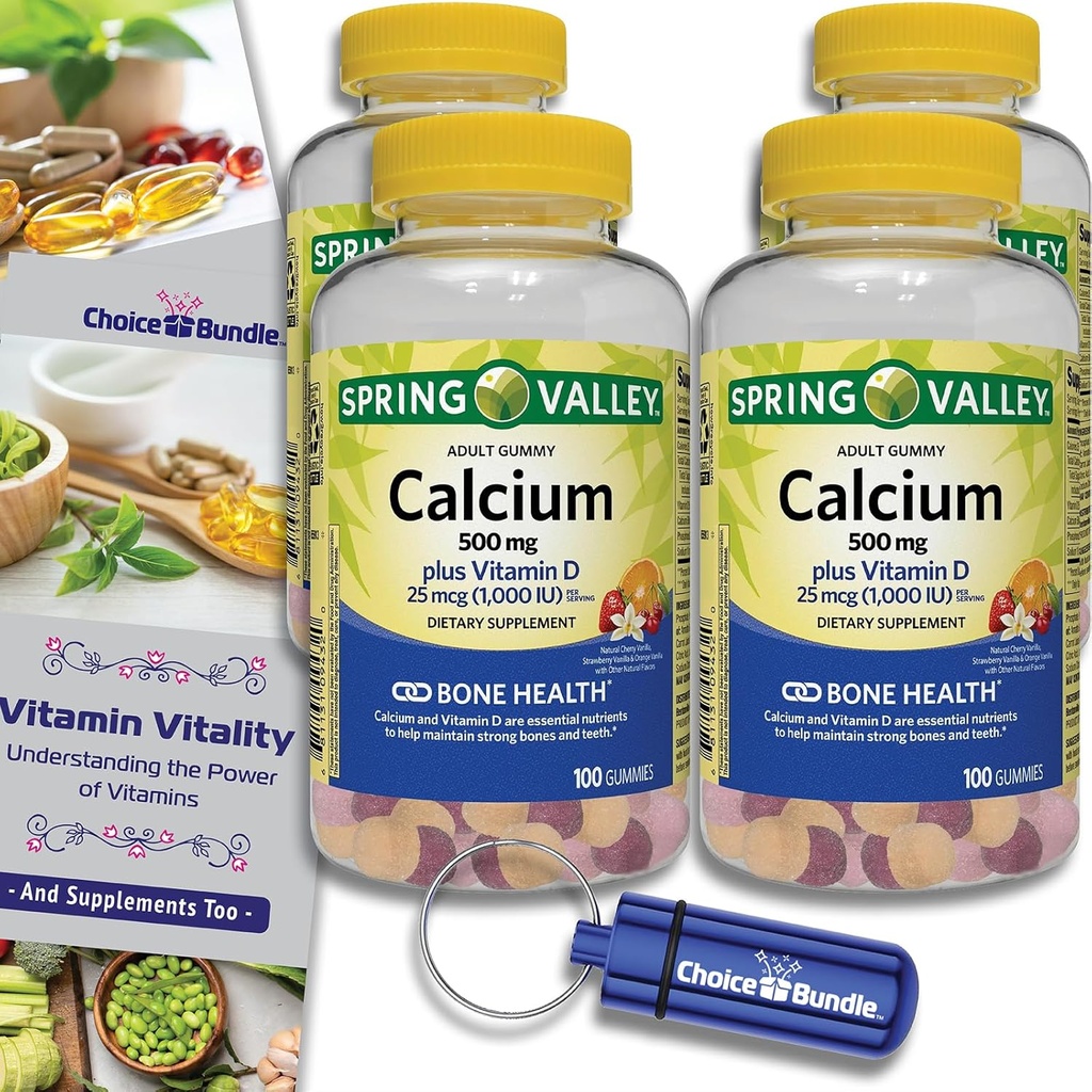 Scelta Bundle Spring Valley Calcium 500 mg Plus Vitamina D 25 mcg Bone Salute Integratore alimentare Gummies, 100 Ct 4 pk (400 Totale) + Guida alla vitamina e contenitore di pillole (6 voci)!