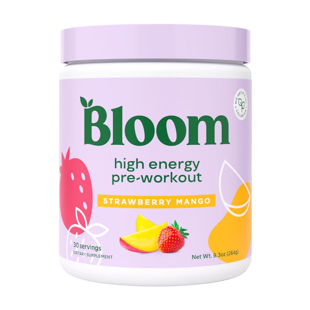 Bloom Nutrition High Energy Pre Workout con Beta Alanine, Ginseng e L Tyrosine per Amino Energy, Polvere di caffeina naturale da Estratto di tè verde, Keto, Miscela di bevanda senza zucchero, Mango di fragola