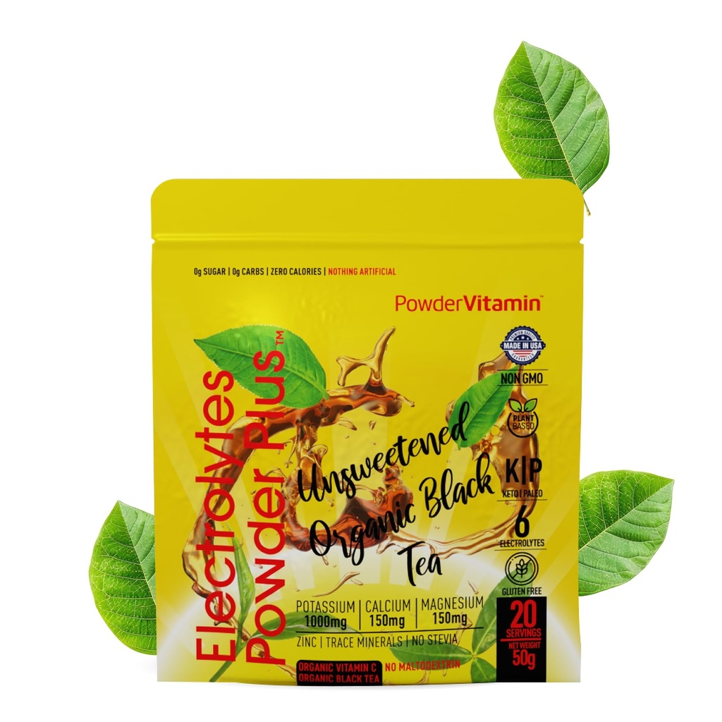 PolvereVitamin Electrolytes Polvere Plus (20 Serve) Polvere non zuccherata del tè nero Electrolyte polvere Keto, senza zucchero, sale himalayano rosa, 1000mgPotassium, 150mgCalcium, 150mgMagnesium, polvere di idratazione NO STEVIA