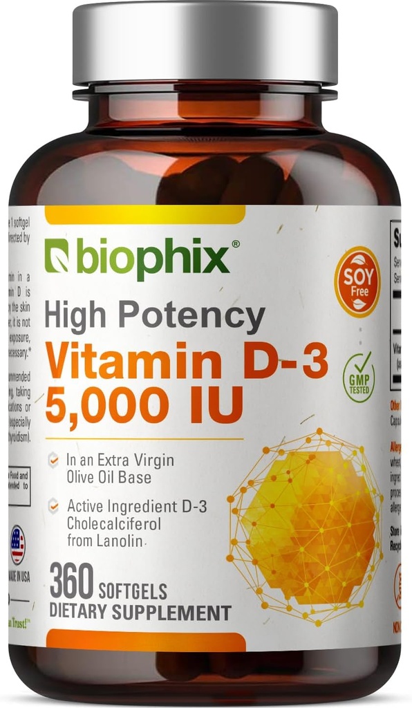biophix Vitamina D-3 5000 IU 360 Softgels - Alta potenza in Olio Extra Vergine di Oliva Soia-Free Supporti Forte Bones Salute Immune