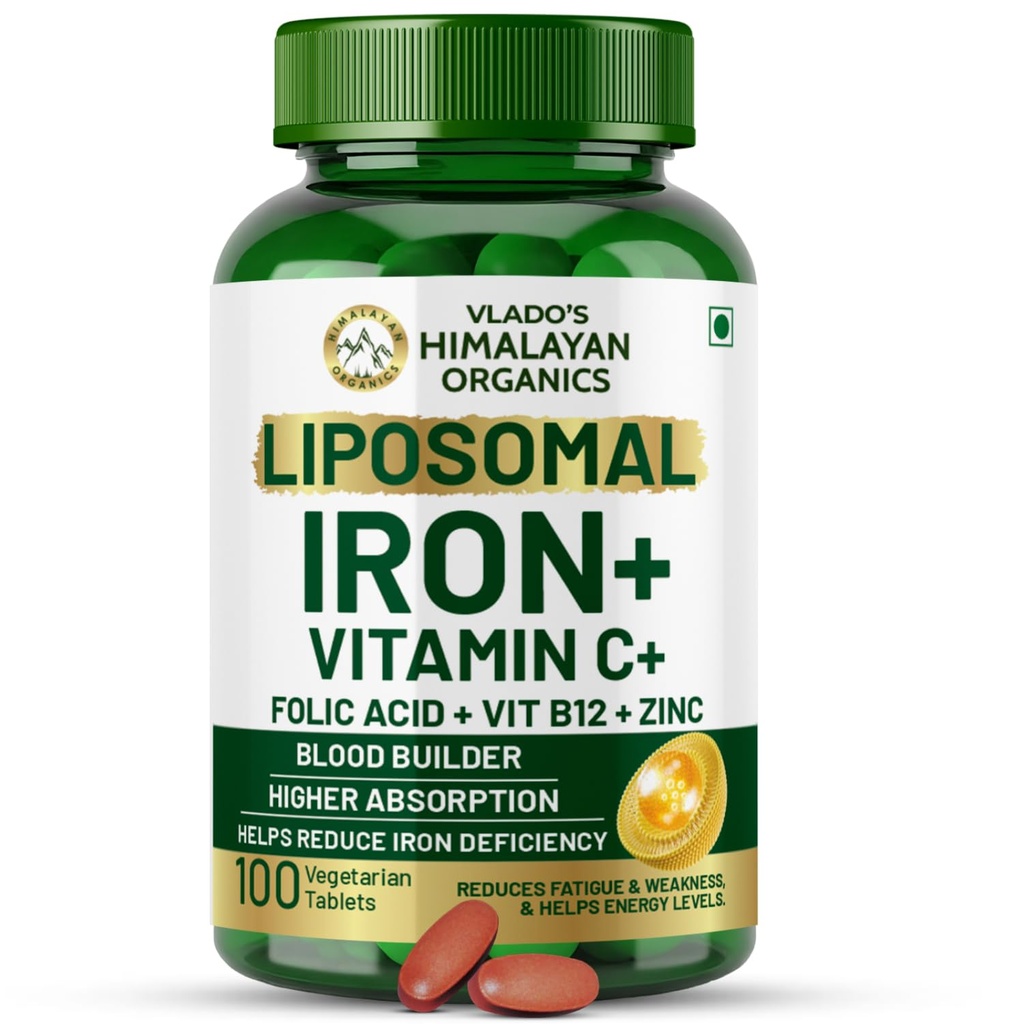 HIMALAYAN ORGANICS Organics Chelated Iron with Vitamin C,B12,Zinc & Folic Acid | Boost Hemoglobin Levels | Migliora il livello di concentrazione,Energy & Blood Building-120 Veg Tablets