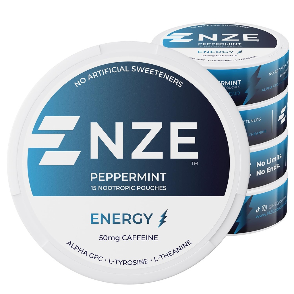 NZE Caffeina Nootropic Pouches (Peppermint) - Energy Pouches con 50 mg di caffeina, Alpha GPC, L-Tyrosine & L-teanina con nessun zuccherino o dolcificanti artificiali - 15 nicotina Pouches gratis per Can - 5 Pack