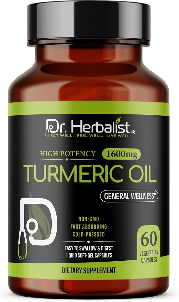 Dr. HERBALIST Curcumin olio capsule 1600mg - 60 capsule | Non-GMO | Fasting Absorbing | Vegetariano | Cold-Pressed | Alta potenza I AKA capsule Haldi (1 confezione: 60 capsule)