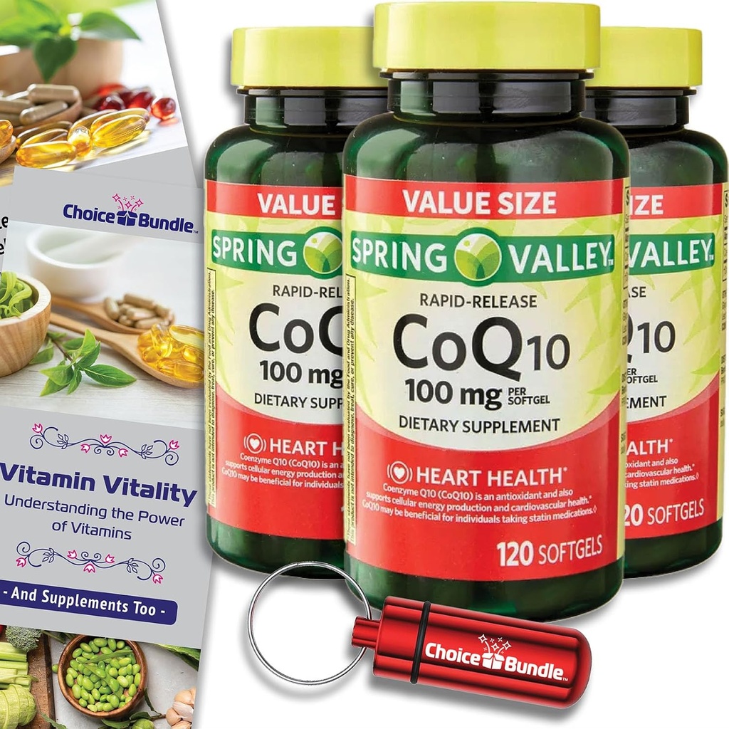 Scelta Bundle Spring Valley Rapid-Release CoQ10 Coenzyme Q10 100 mg Softgels 120 CT 3 pk (360 Totale) + Vitamin Guide & Pill Container (5 voci)!
