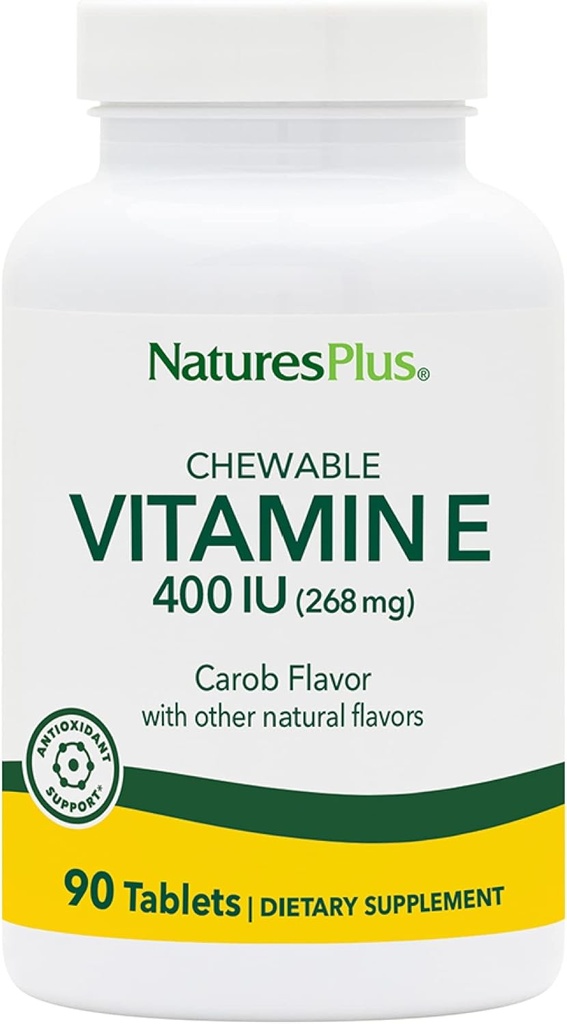 NaturesPlus Vitamin E Chewable - 400 iu, 90 compresse vegetariane - Natural Carob Flavor - Funzione cardiovascolare sana, Difesa free-radica &amp; benessere generale - Gluten-Free - 90 Serve