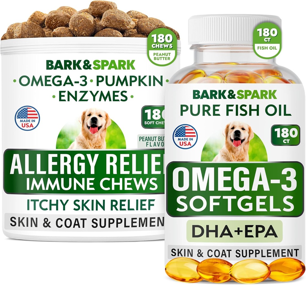 Allergy Relief + Omega 3 Bundle - Anti-Itch Skin&Coat Supplement + Allergy Skin - Omega 3 Fish Oil + EPA& DHA Grassty Acids - Itching&Paw Licking + Joint Health - 180 Chews + 180 Softgels - Made in USA