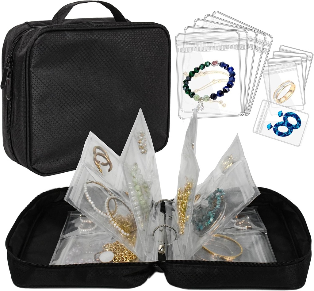 Travel Jewelry Organizer Case Gioielli Trasparenti Archiviazione Libreria Binder Bag per Orecchini, Anelli, Collana, Bracciale (All-Black)